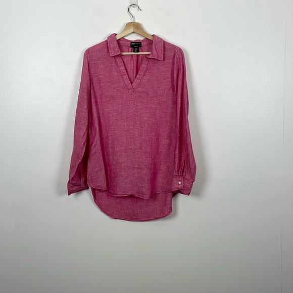Jones New York Linen Tunic Top Womens Long Roll Sleeve M V Neck High Low Hem - Picture 1 of 8